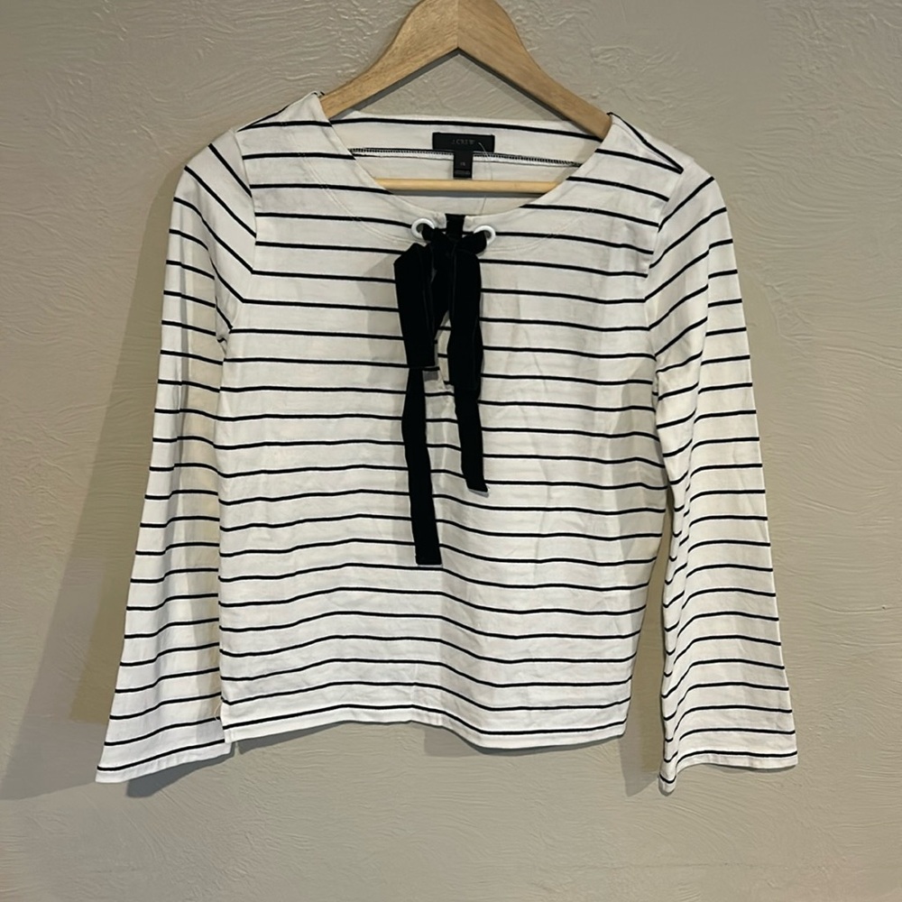 J. Crew Keyhole Striped Long Sleeve Top With Velvet Bow tie Front